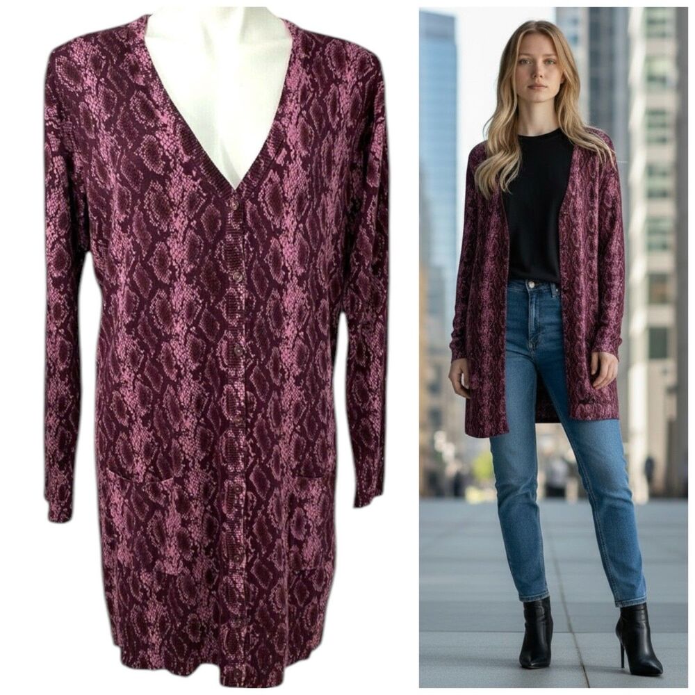 Diane Gilman Cardigan Womens Large Purple Python Snake Print Pocket Long Line